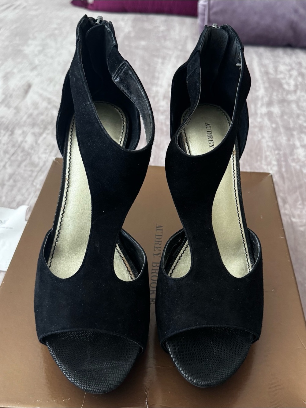 Audrey Brooke Black Suede Cutout Open-Toe Heels